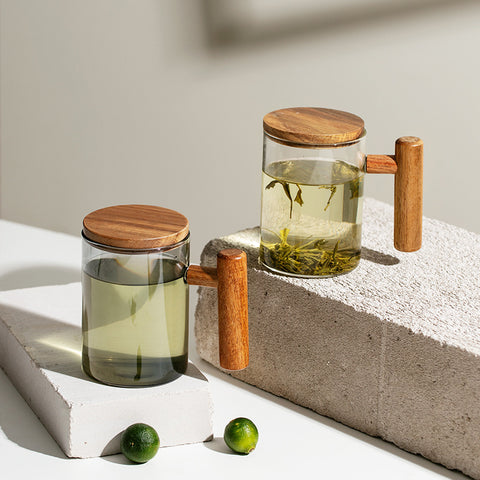 Borosilicate Glass Tea Cup - Wood Handle & Lid