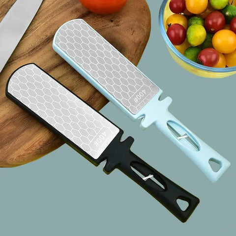 Pair of diamond kitchen knife sharpeners in black and blue color with non-slip handles