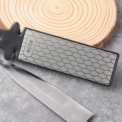 Close-up of diamond knife sharpener with honeycomb surface plate for precise sharpening
