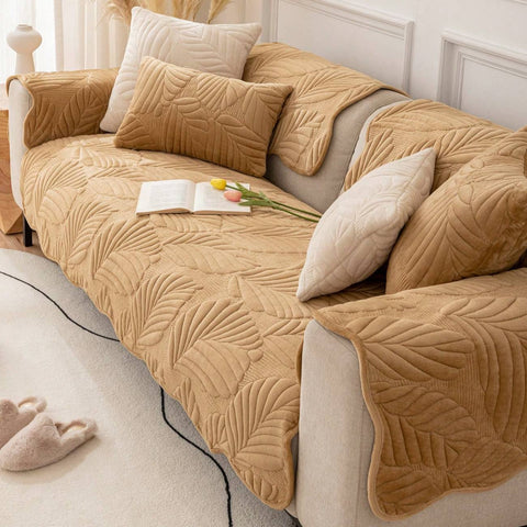 Cozy camel sofa cover shown from front angle on full couch