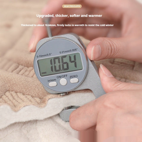 Digital caliper showing 10.64mm thickness of plush sofa cover for added warmth