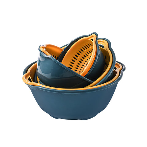 Blue double-layer colander bowl set with four nesting bowls and strainers