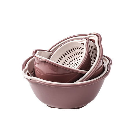 Pink 8-piece colander and strainer bowl set for kitchen use
