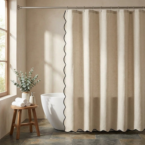 Scalloped Linen Bathroom Shower Curtain