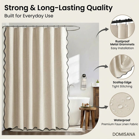 Scalloped Linen Bathroom Shower Curtain
