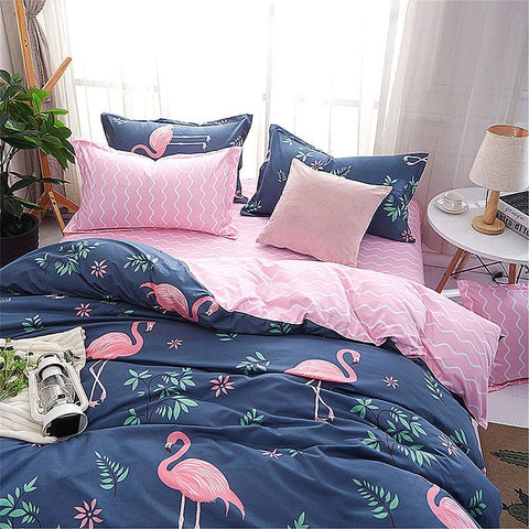 Vivid flamingo duvet cover and matching pillowcases, styled for modern bedroom