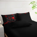 Black and red grid duvet in contemporary dark-tone bedroom

