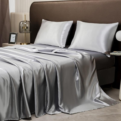 Luxury Silver Gray Satin Bedding & Bed Sheet Set