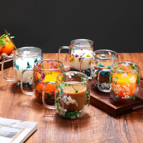 Dried Flower Glass Mug Double Wall