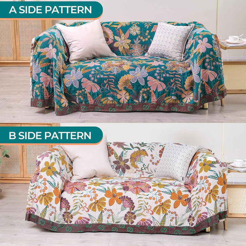Two floral-patterned sofa covers on a wooden floor with a neutral background.
