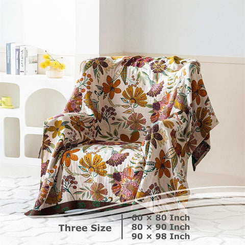 Floral patterned blanket draped over a chair with size information displayed.