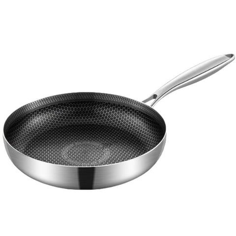 Stainless steel frying pan with textured non-stick surface on a white background