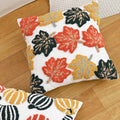 Cozy tufted cushion covers and throw pillows with pumpkin and maple leaves for fall decor