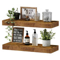 Wooden shelves with decorative items including plants, bottles, and a sign.