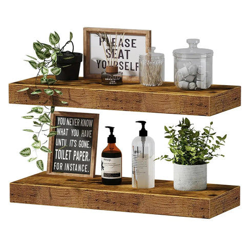 Wooden shelves with decorative items including plants, bottles, and a sign.