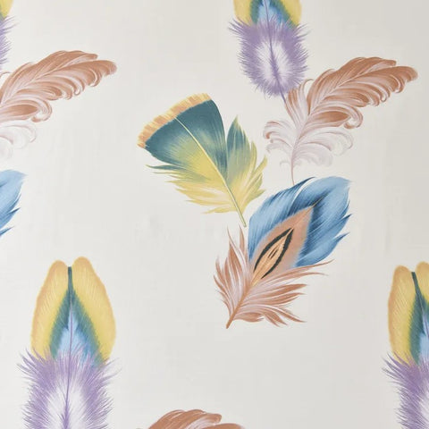 Close-up of pastel feather print on white cotton fabric