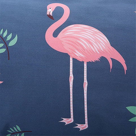 Close-up of pink flamingo print on tropical duvet cover set