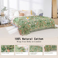 Green floral patterned blanket on a bed with text highlighting natural cotton properties.