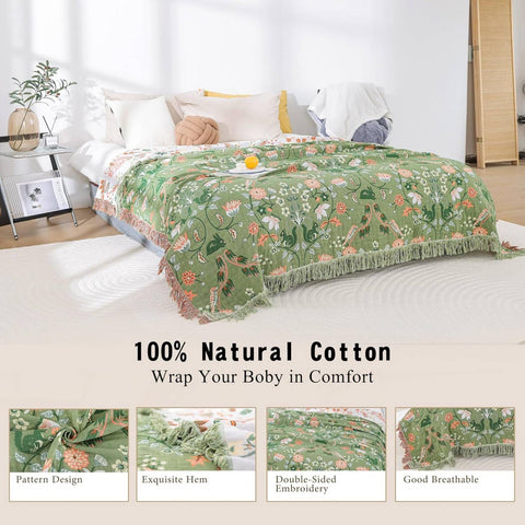 Green floral patterned blanket on a bed with text highlighting natural cotton properties.
