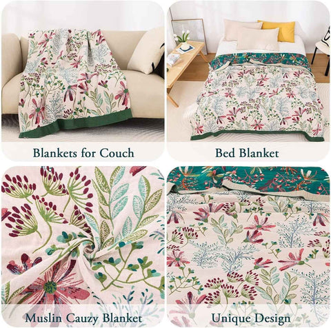 Floral patterned blankets displayed on a couch, bed, and other surfaces with text labels.
