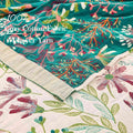 Floral fabric with text indicating 100% cozy cotton fabric and layer yarn.