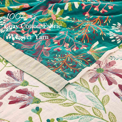 Floral fabric with text indicating 100% cozy cotton fabric and layer yarn.
