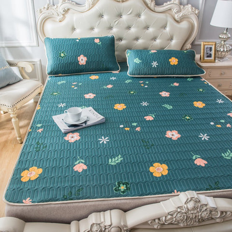 Flower pattern Thai latex mat set with cooling technology on queen bed
