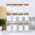 Full set of labeled spice jars arranged in rows for pantry organization