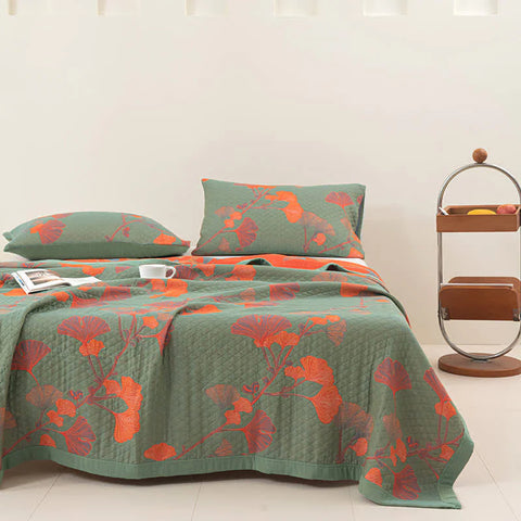 Room scene with large bed and ginkgo cotton bedding quilt