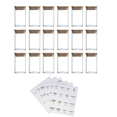 Complete 18-pack spice jar bundle with glass containers and included printed label sheets.

