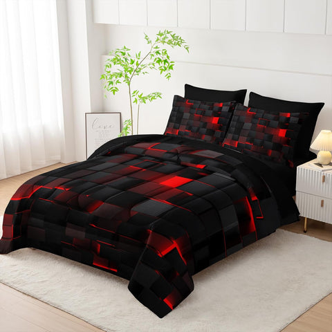Futuristic red grid bedding set displayed in neutral wood room

