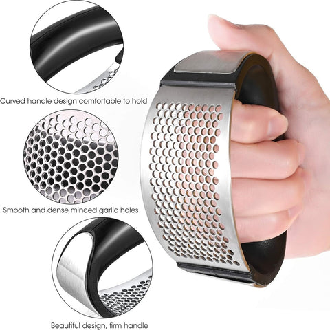 Hand holding a garlic press with close-up details on design and functionality.