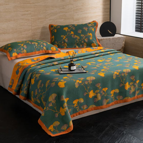 Modern bedroom styled with Ginkgo Dreams quilt and pillow set