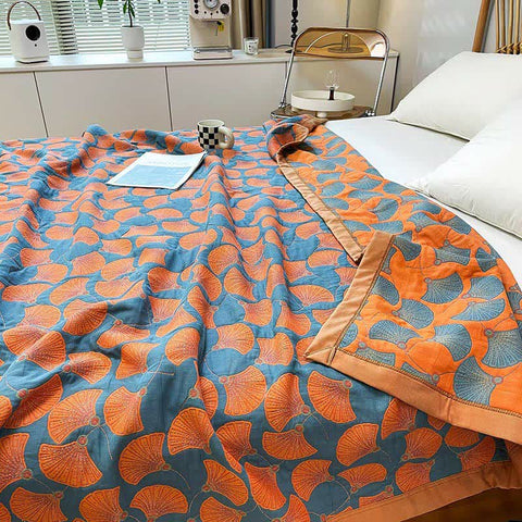 Reversible cotton summer quilt with ginkgo leaf print