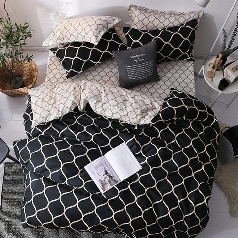 Gold Grid Reversible Duvet Cover with Beige Backside and Pillowcases – Modern Bedding Set for Bedroom