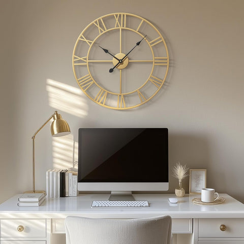 Gold open-frame metal wall clock as office wall decor above white desk

