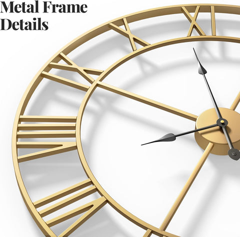 Side angle of gold Roman numeral wall clock showing elegant frame detail

