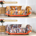 Two views of a patterned sofa with wooden side tables and floral arrangements.