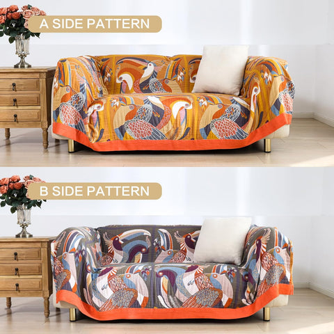 Two views of a patterned sofa with wooden side tables and floral arrangements.