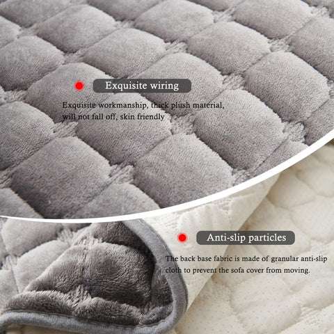 Gray quilted sofa cover with anti-slip particles and plush material, showing close-up details.