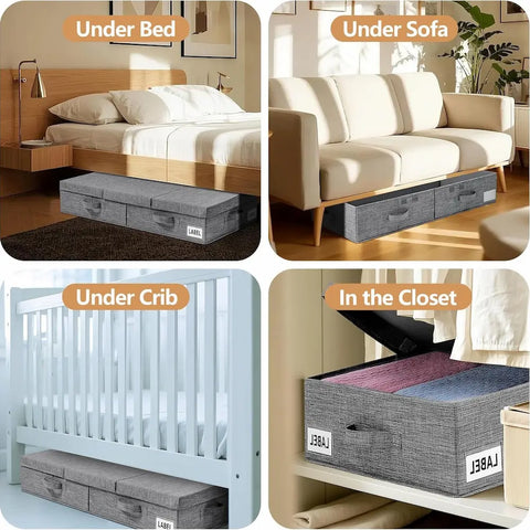 Collage of gray storage boxes used under a bed, sofa, crib, and in a closet.