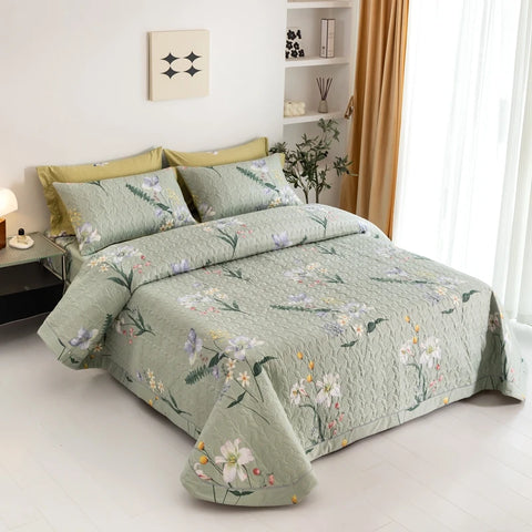 Lightweight green cotton quilt set in sunlit bedroom with countryside pattern
