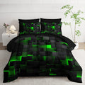 Black and green checkered bedspread on a bed in a bedroom setting.