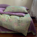 Soft green and purple lily duvet cover set with double gauze cotton fabric