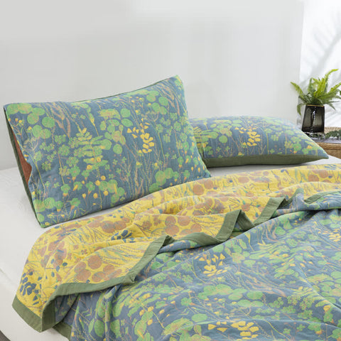 Detail of green and yellow cotton quilt showing reversible floral design