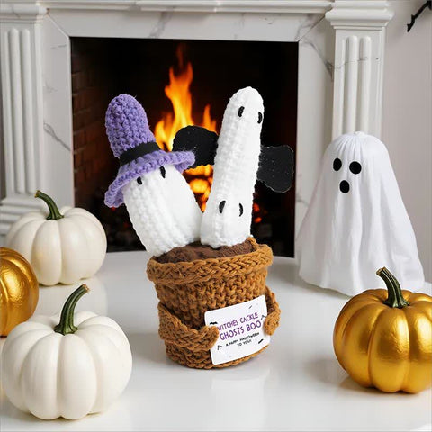 Crochet ghost potted plant Halloween decoration with purple witch hat