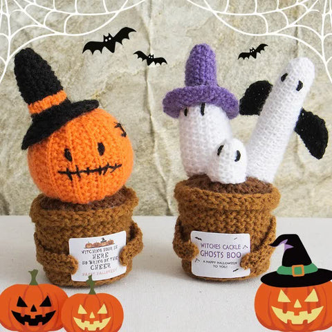 Crochet pumpkin and ghost ornaments in festive potted plant design