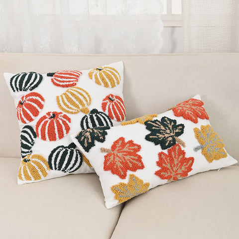 Mixed pumpkin and leaf tufted throw pillows and cushion covers for fall home decor
