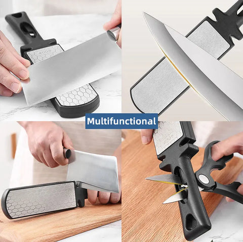 Person sharpening stainless steel kitchen knife with multifunction diamond knife sharpener