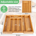 Bamboo cutlery tray with dimensions and text about adjustable size and 100% bamboo material.
